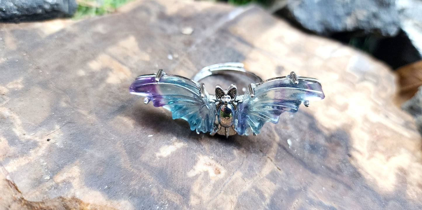 Fluorite Crystal Bat Symbol Ring (adjustable)