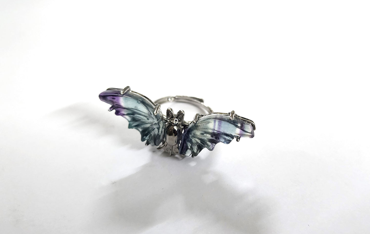 Fluorite Crystal Bat Symbol Ring (adjustable)