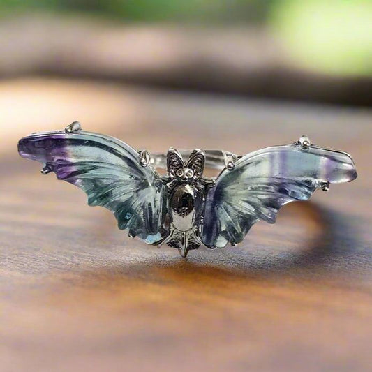 Fluorite Crystal Bat Symbol Ring (adjustable)