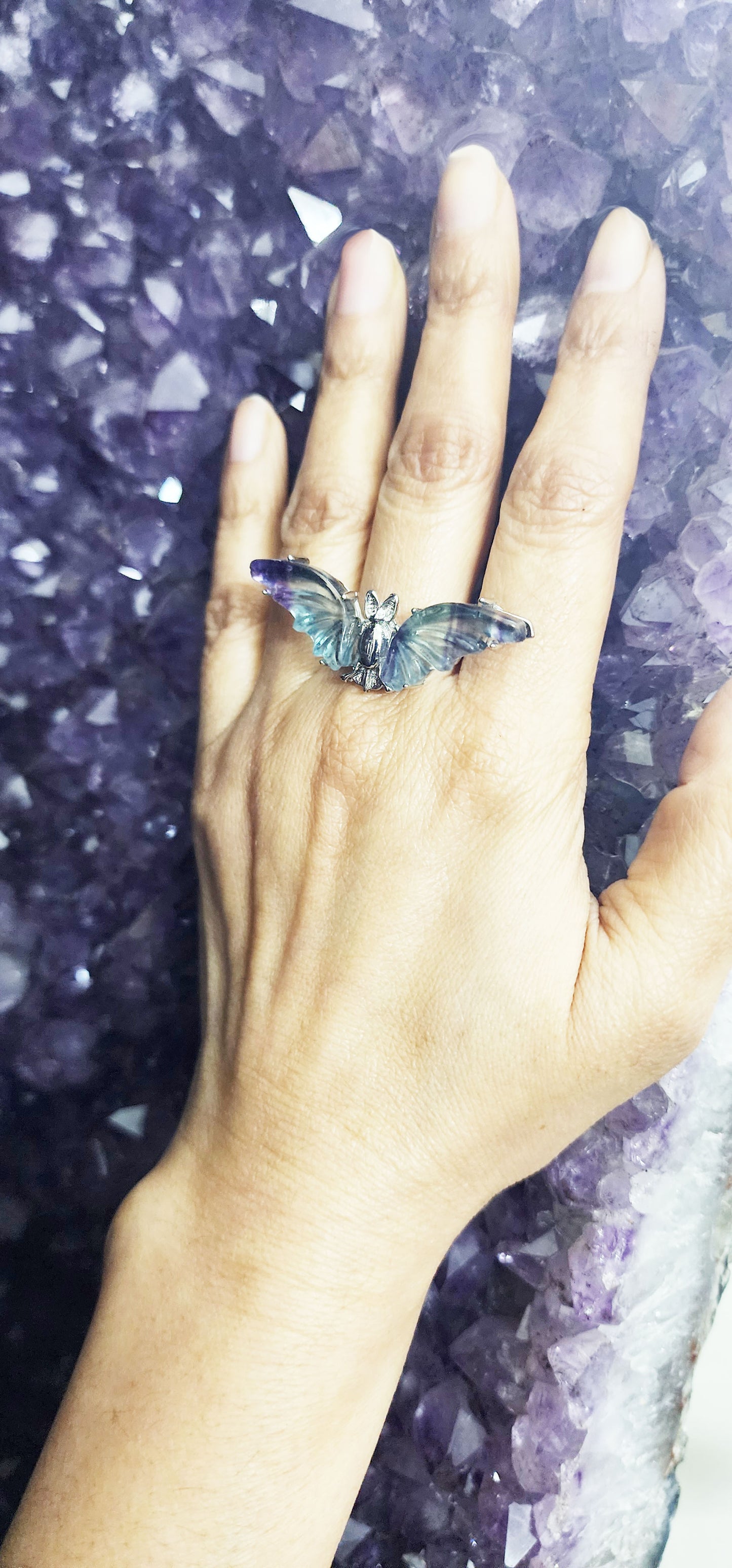 Fluorite Crystal Bat Symbol Ring (adjustable)