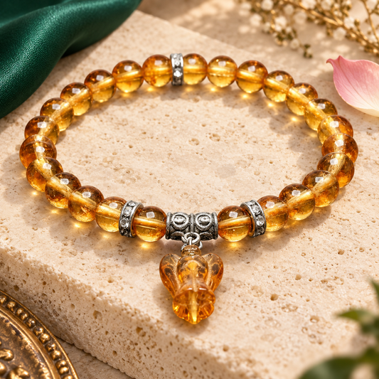 Citrine Bracelet with Angel Charm 8mm – Natural Healing Crystal Bracelet for Positivity, Prosperity, Confidence, Protection & Spiritual Balance