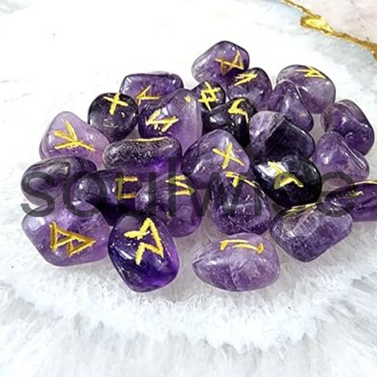 Amethyst Rune Stone Set – Hand-Carved Crystal Runes for Divination, Tarot Reading, Witchcraft, and Spiritual Guidance – Includes Velvet Pouch