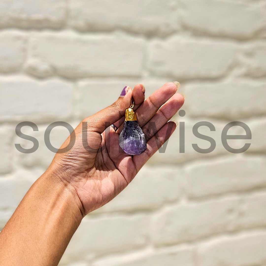 Soulwise Natural Raw Chevron Amethyst Stone Pendant for Healing & Meditation | Rough Cut Purple Crystal Locket for Women & Men (Golden).