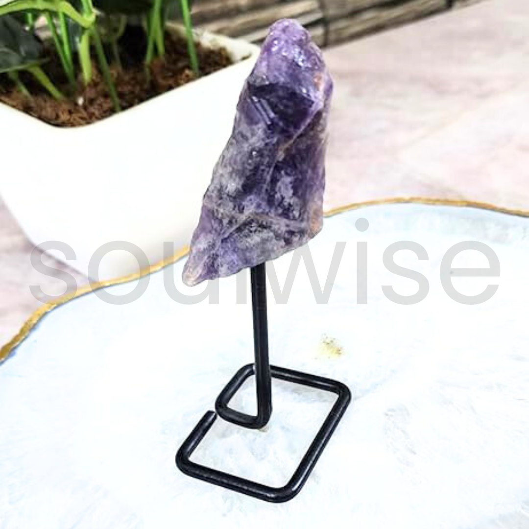 Amethyst Cluster on Metal Stand – 3" Natural Healing Crystal for Home Decor, Meditation, Reiki & Positive Energy