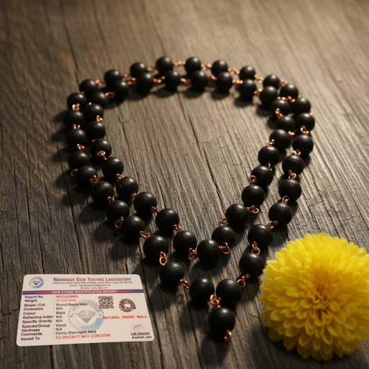 Soulwise Traditional Karungali Mala, Black Wooden Prayer Beads with Copper Chain Links, 54 Beads Meditation Rosary Necklace