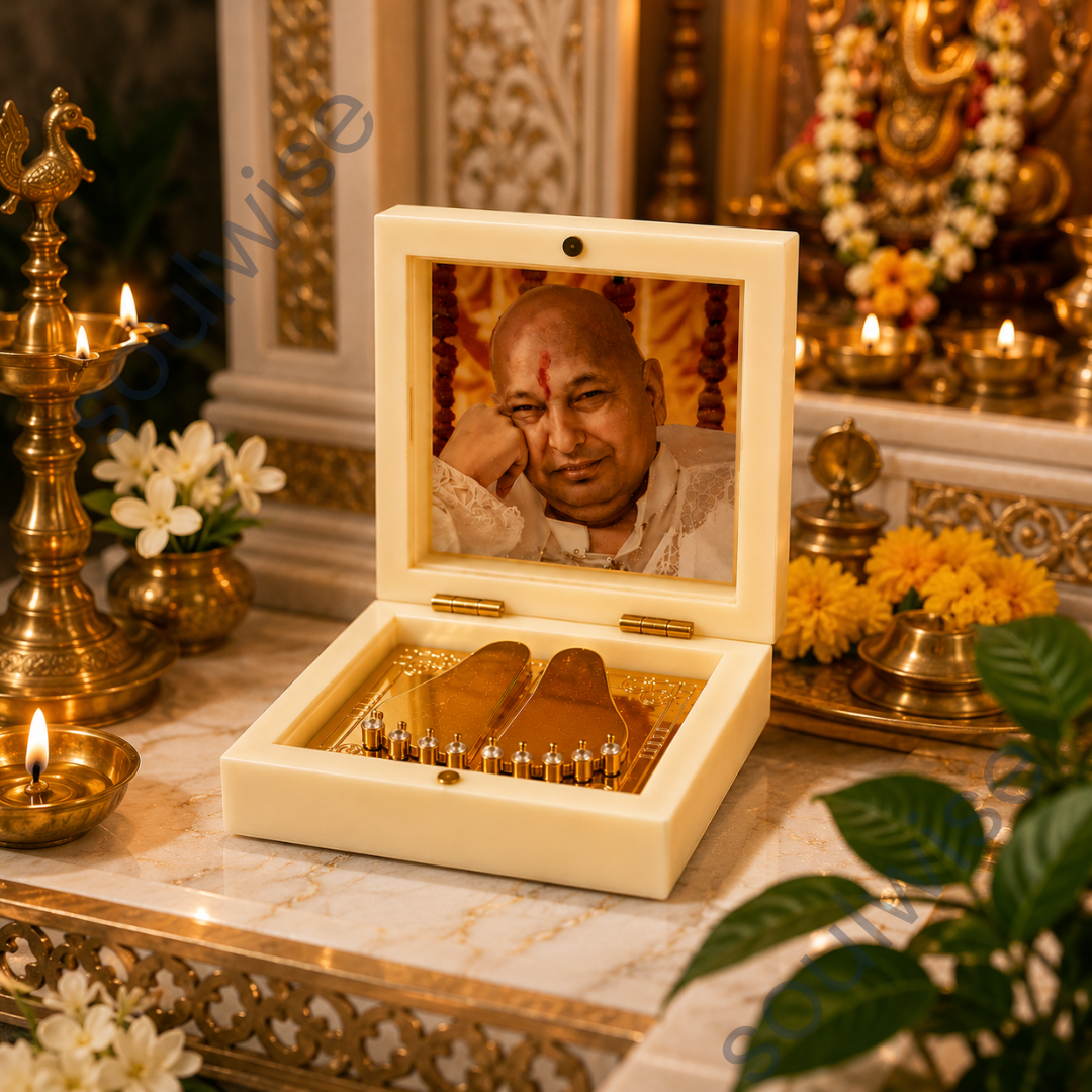 Guru Ji Maharaj Golden Paduka Temple Box with Photo Frame – Premium Spiritual Décor & Divine Blessings Showpiece for Home, Office & Pooja Room