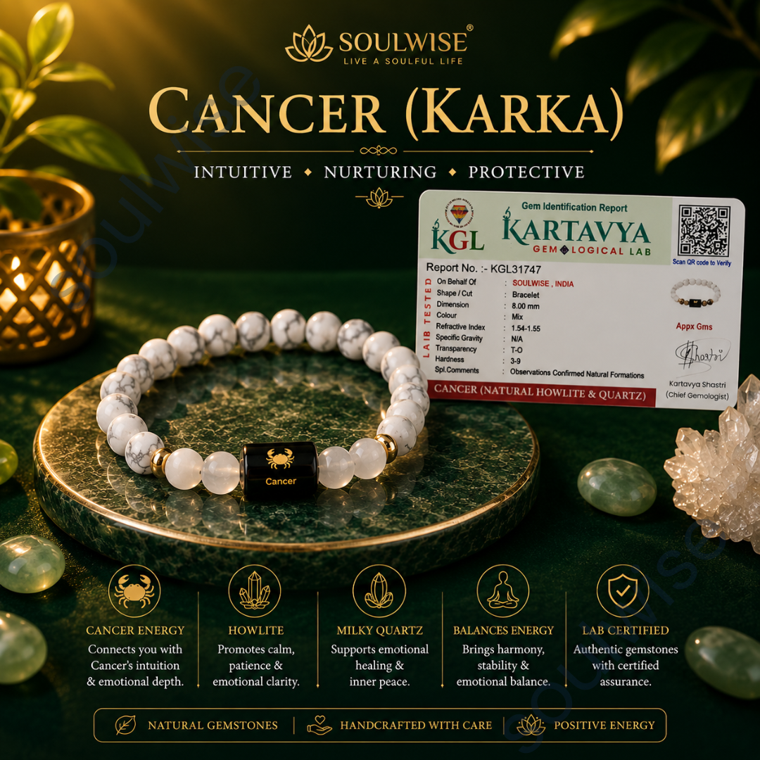 Cancer (Karka Rashi) Zodiac Bracelet – Natural Howlite & Clear Quartz Crystal Bracelet for Calmness, Clarity & Emotional Balance