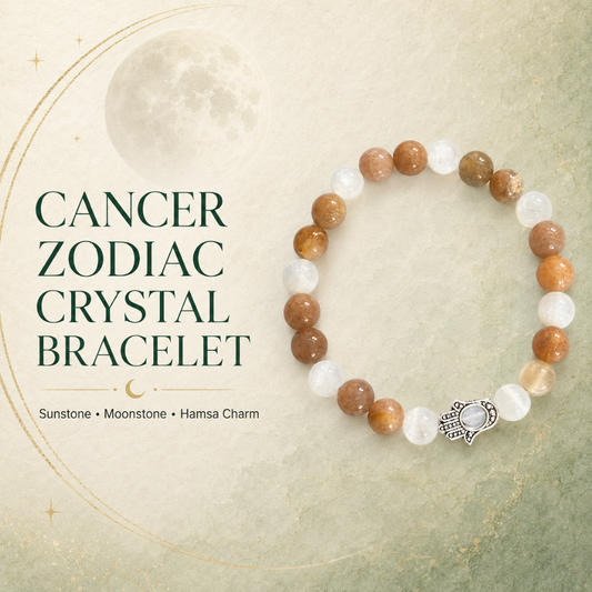 Cancer Zodiac Crystal Bracelet with Hamsa Hand Charm – Certified Sunstone & Moonstone 8mm Beads