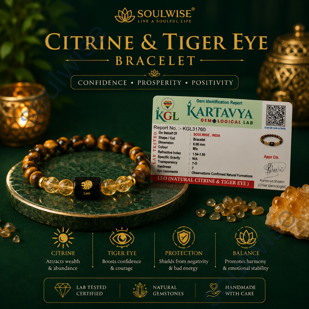 Leo (Simha Rashi) Zodiac Bracelet – Natural Citrine & Tiger Eye Crystal Bracelet for Success, Confidence & Leadership