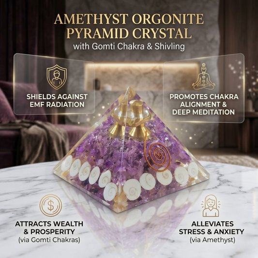 Amethyst Crystal Orgonite Pyramid – Spiritual Décor for Meditation Spaces, Home, Office Desk & Meaningful Gifting.