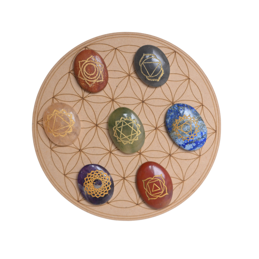 Chakra crystal set on flower of life grid