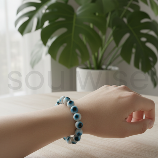 Original Aragonite Evil Eye Bracelet – 10mm Natural Crystal Beads for Protection & Grounding