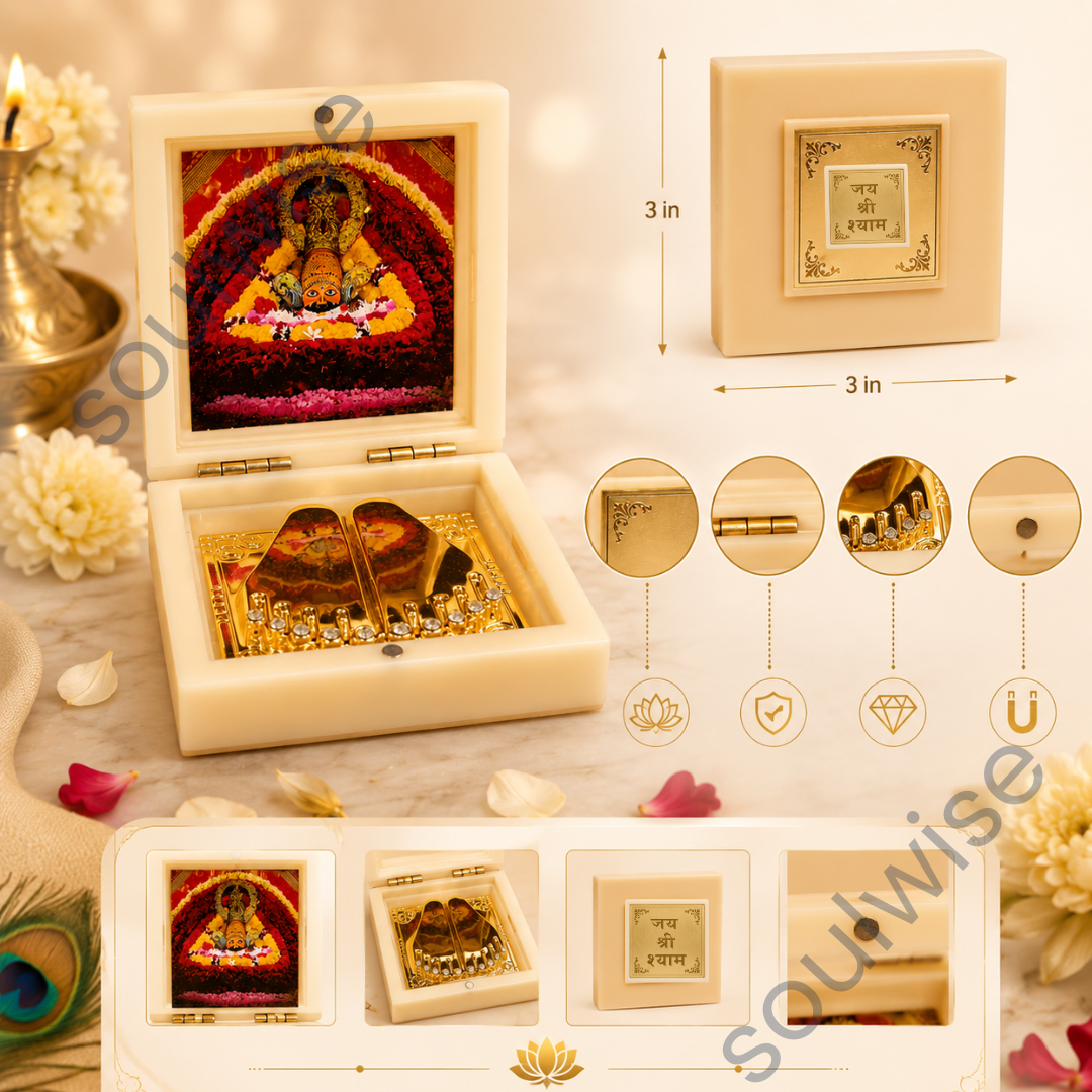 Jai Shree Shyam Golden Paduka Temple Box with Photo Frame – Khatu Shyam Ji Spiritual Décor & Divine Blessings Showpiece for Home, Office & Pooja Room (3x3 Inch)