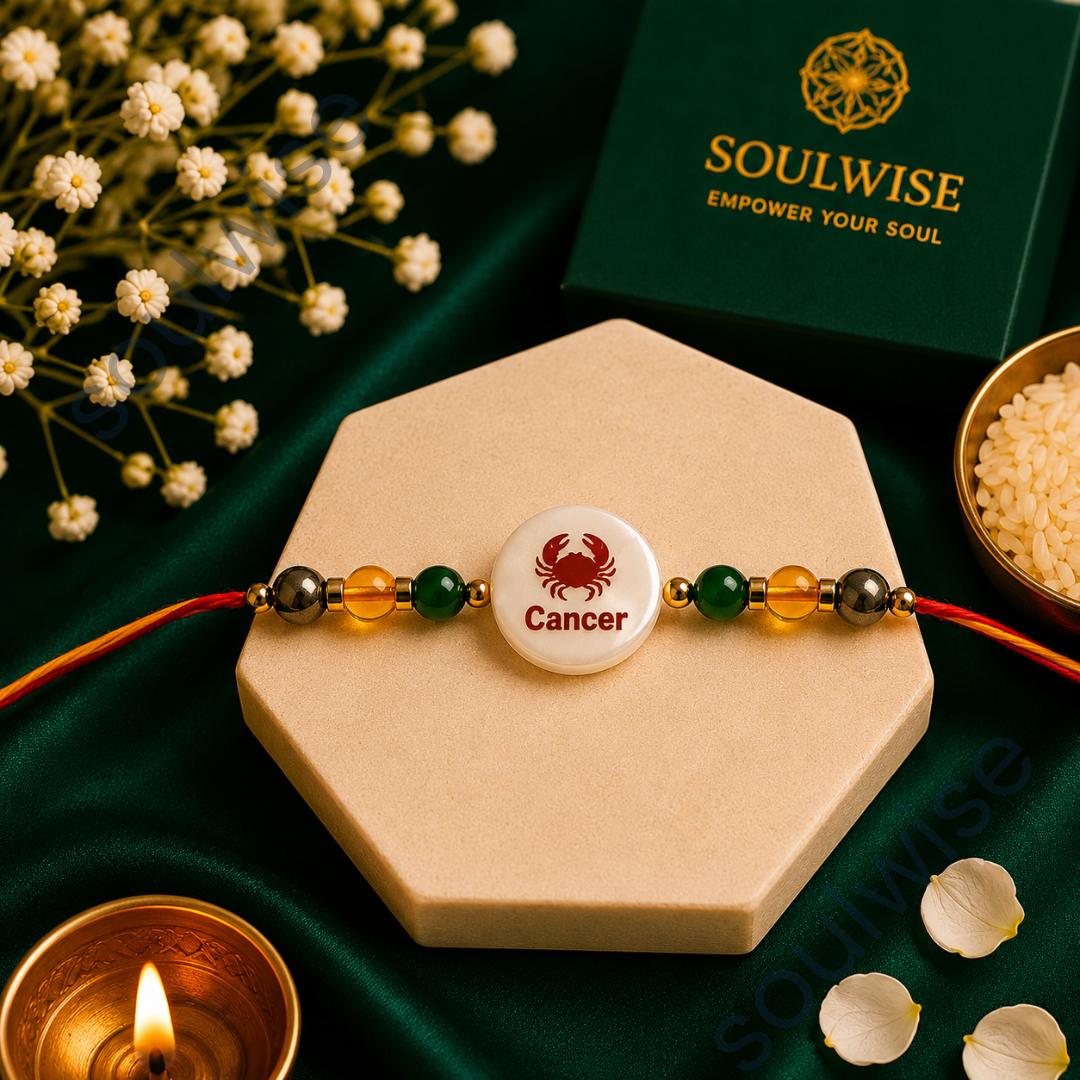 Money Magnet Cancer Rakhi – Green Jade, Citrine, Pyrite & Mother of Pearl Zodiac Rakhi for Prosperity, Emotional Balance & Positive Energy