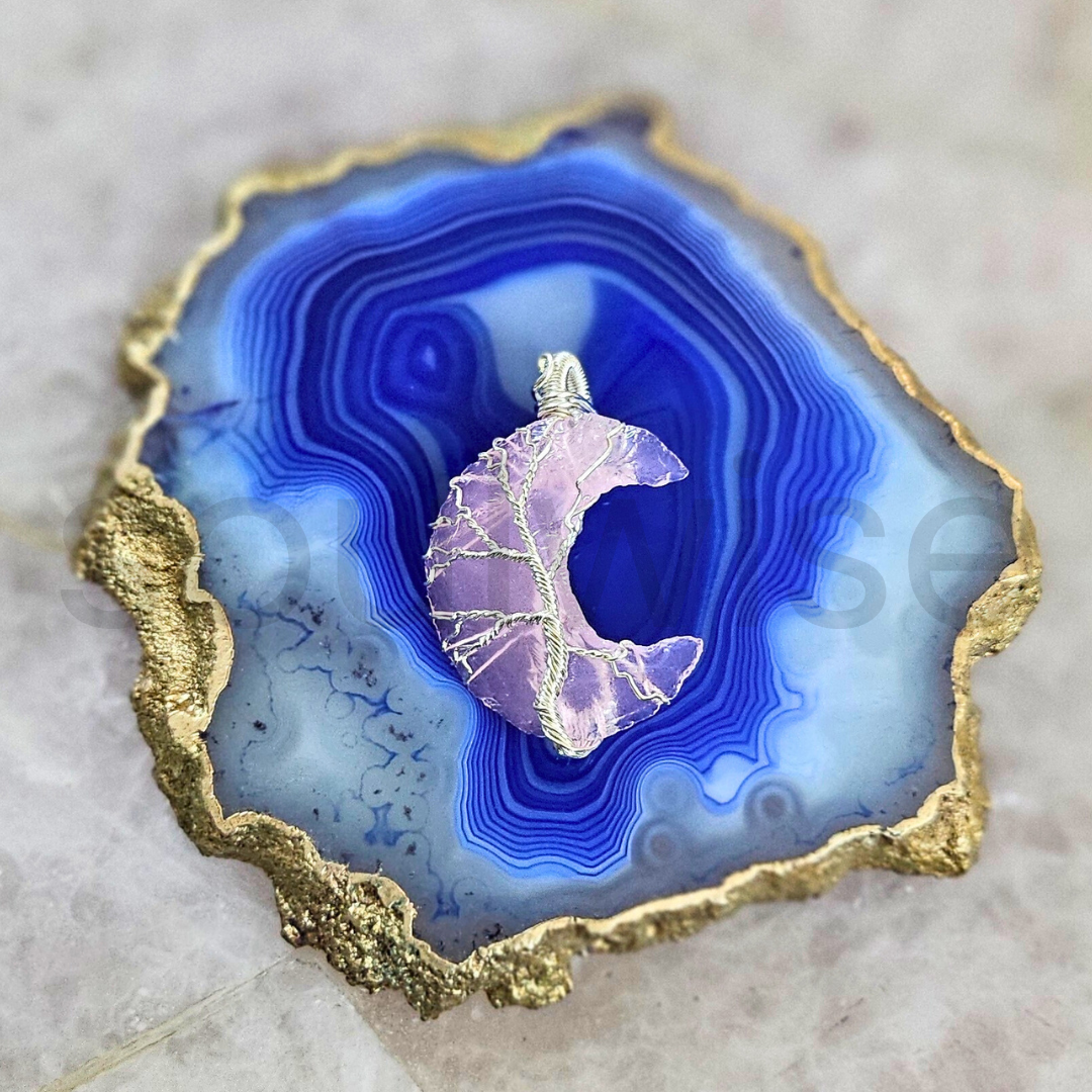 Soulwise Rose Quartz Crescent Moon Pendant with Silver Bail – Natural Pink Crystal Necklace for Healing, Love, and Spiritual Energy – Hand-Carved Stone Jewelry