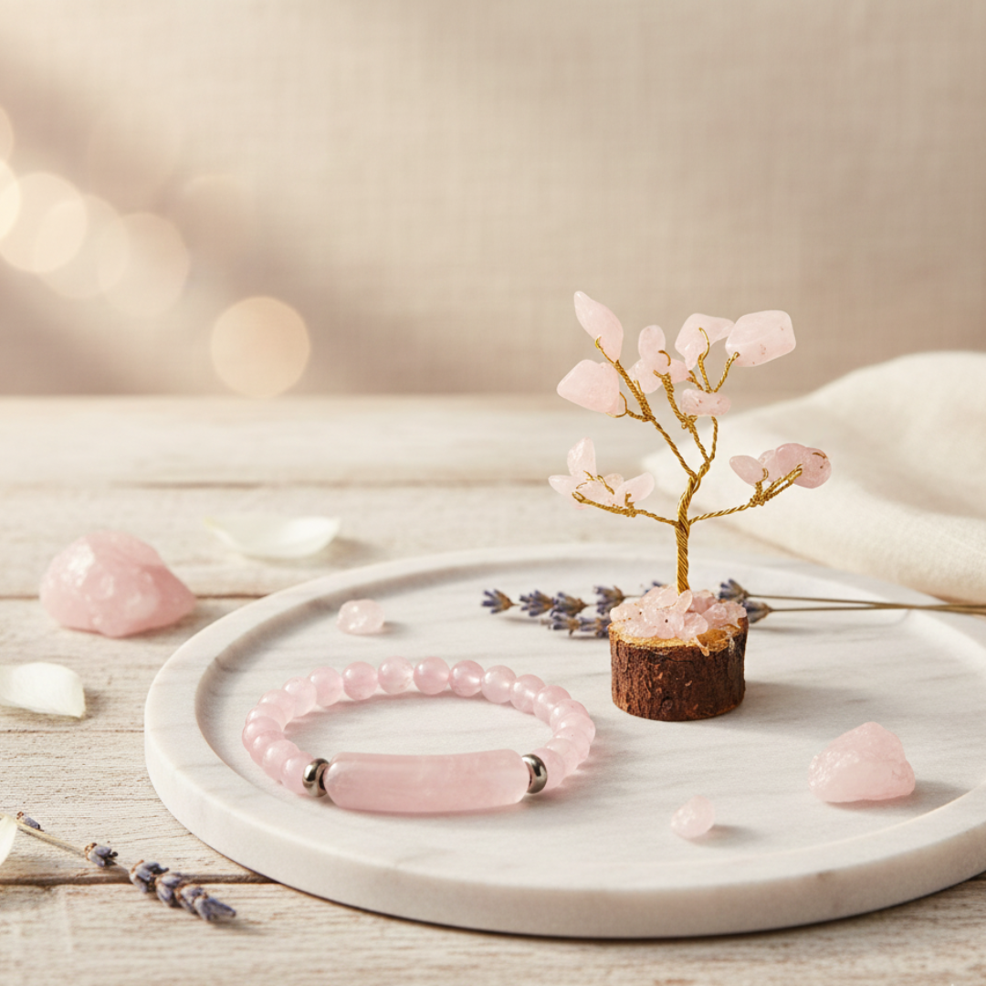Rose Quartz Tree with Healing Crystal Bracelet | Emotional Healing, Self-Love & Relationship Harmony | Natural Rose Quartz Gemstone Jewelry & Home Décor