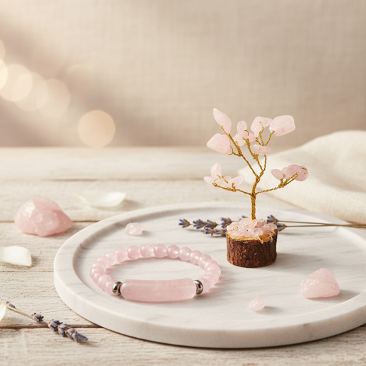 Rose Quartz Crystal Tree with Rose Quartz Bracelet – Natural Stone for Love, Emotional Healing & Relationship Harmony | Heart Chakra Gift Set