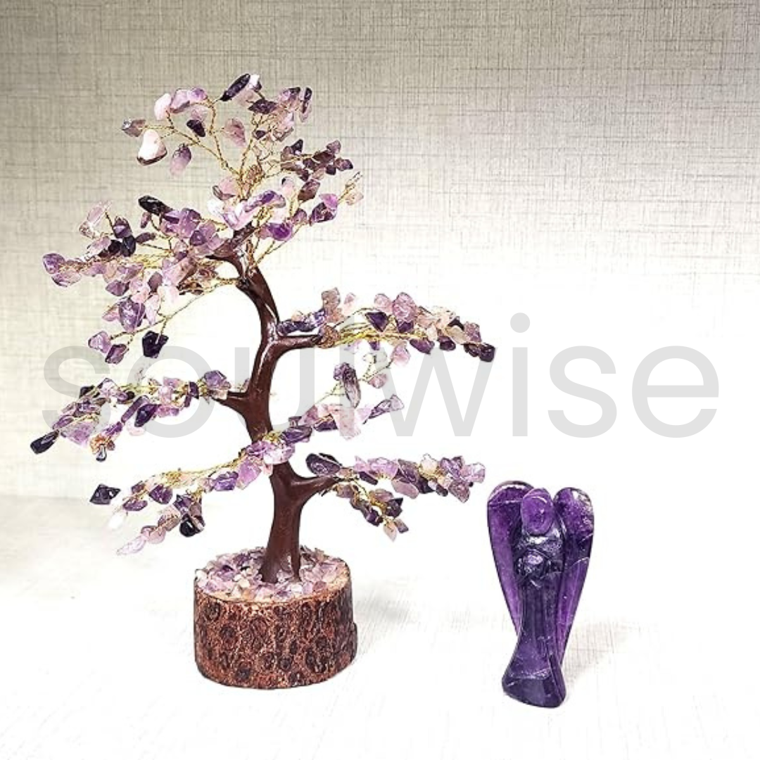 Amethyst Crystal Tree with 3 Angel Figurines – 8" Handmade Gemstone Bonsai Tree for Healing, Home Decor & Spiritual Energy – Reiki, Chakra Balancing, Gift for Meditation Lovers