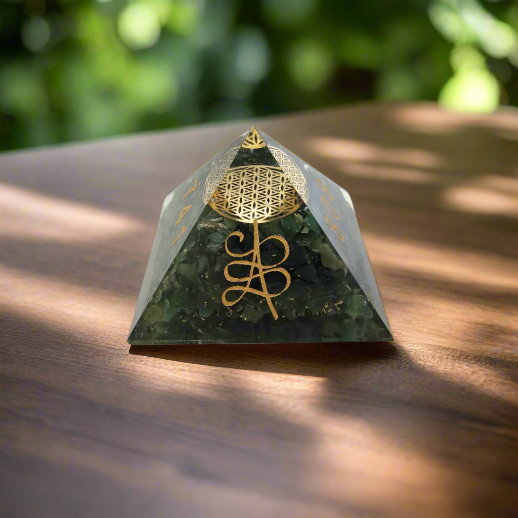 Green Aventurine Orgonite Pyramid with Flower of Life & Zibu Symbol