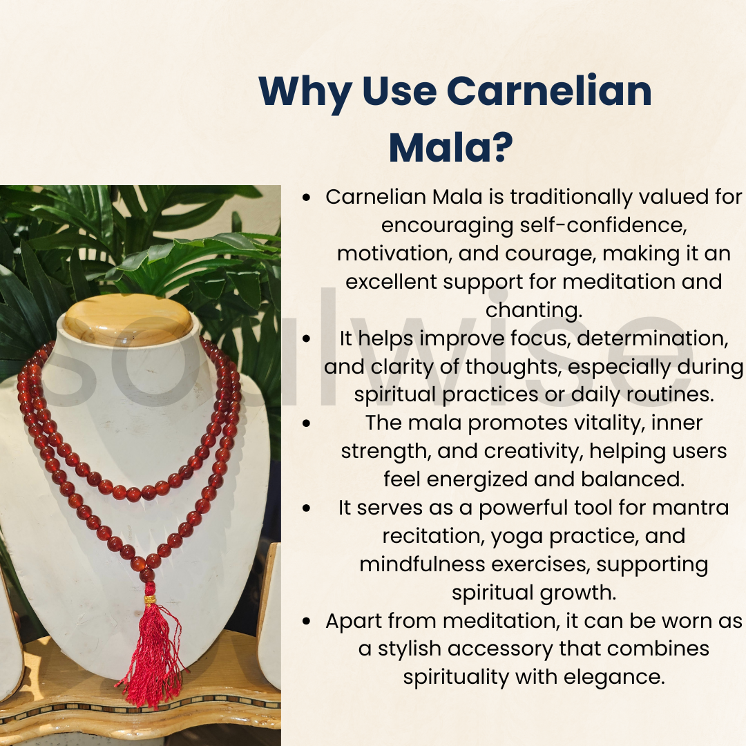 Soulwise Carnelian 108 Beads Meditation Mala – Handcrafted Prayer & Yoga Necklace for Focus & Positivity,Spiritual Beads for Meditation, Chanting & Yoga Practice.