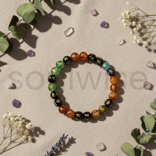 7 Chakra Crystal Bracelet, Om Mani Symbol, 8 mm Natural Gemstone Beads, Energy Healing, Meditation, Yoga Jewelry