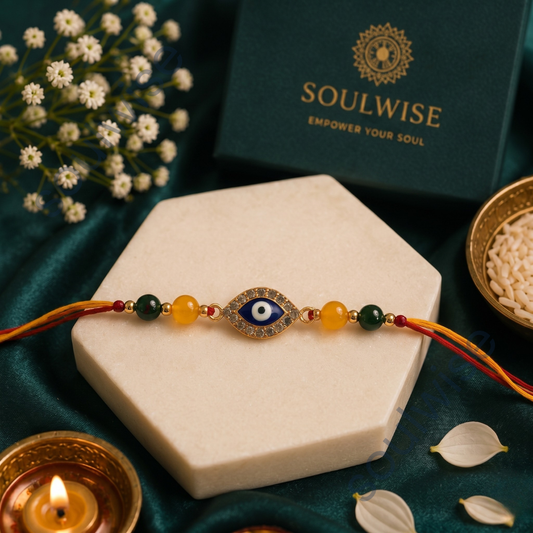 Citrine & Green Jade Rakhi with Evil Eye Charm – Crystal Rakhi for Prosperity, Protection & Positive Energy