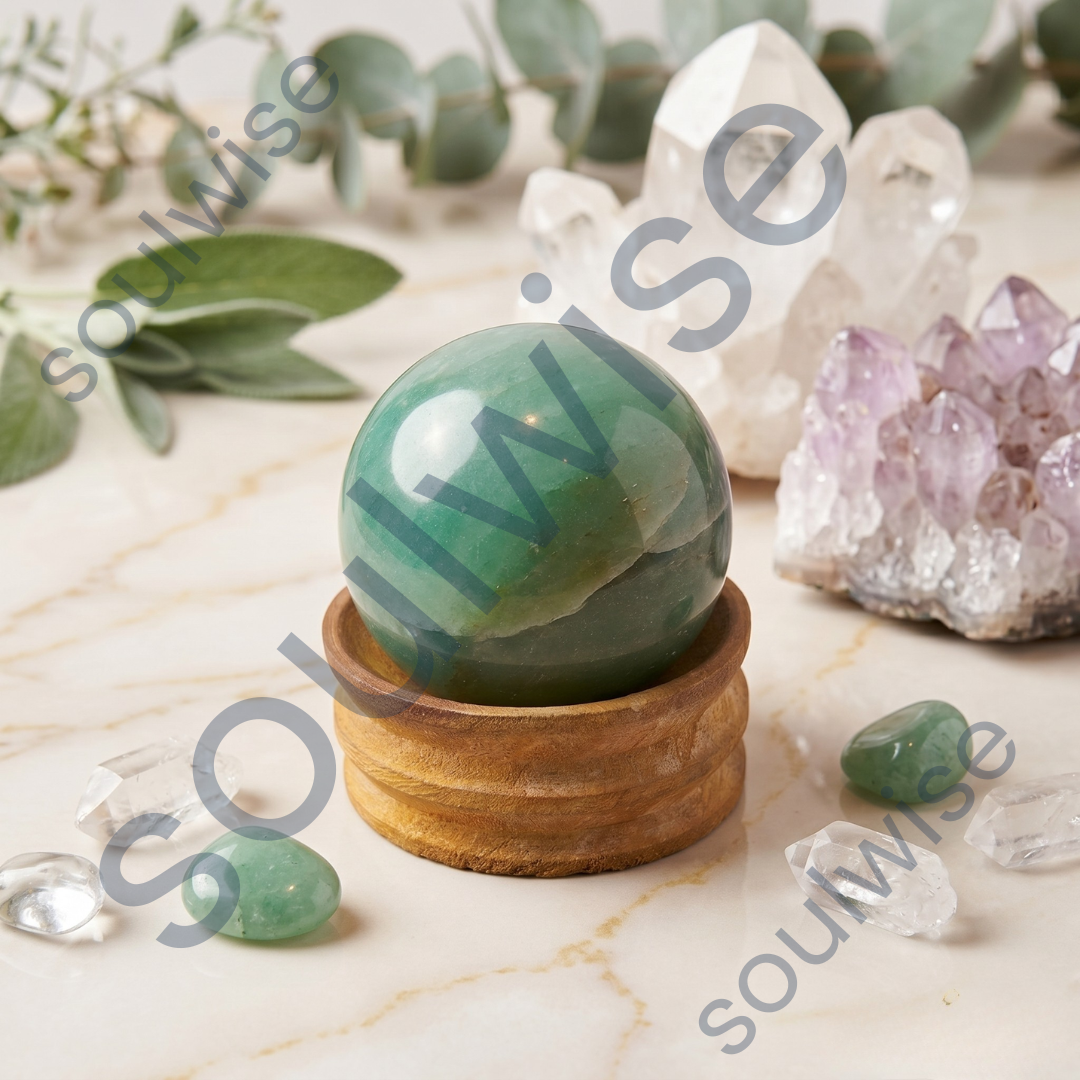 Green Fluorite Crystal Sphere (50–55mm) with Wooden Stand – Natural Healing Stone for Meditation, Chakra Balance, Focus & Home Décor