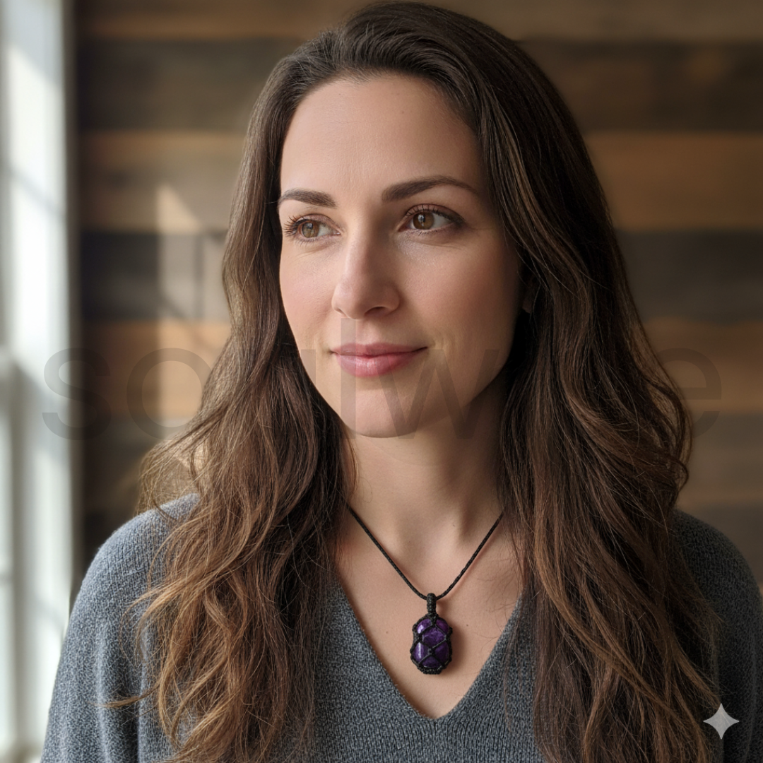 Handmade Amethyst Tumble Stone Necklace – Natural Healing Crystal Wrapped in Black Thread Cord – Unisex