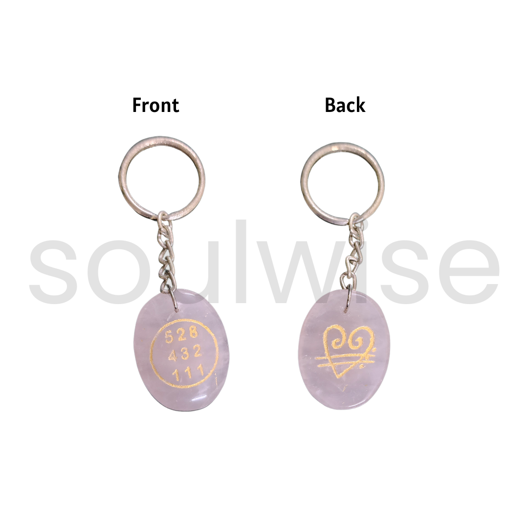 Rose Quartz Angelic Symbol Keychain – Healing Crystal Keyring with Angel Numbers 528, 432, 111 – Energy Frequency Charm for Love, Protection & Spiritual Awakening.