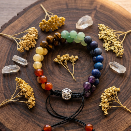 Seven Chakra Double Layer Bracelet with 5 Blessing Charms for Encourages emotional stability and focus.