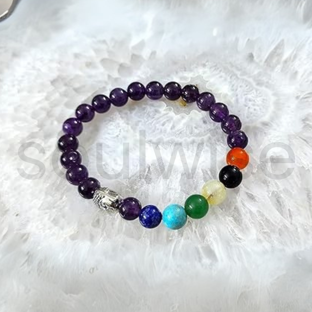 7 Chakra Healing Crystals Bracelet – Natural Amethyst Beads with Buddha Charm.