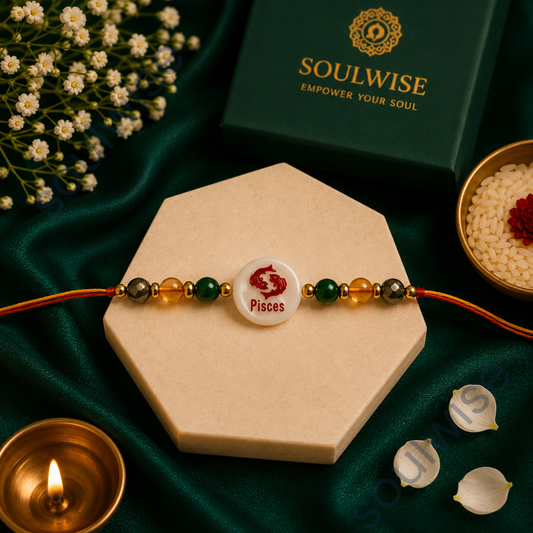 Money Magnet Pisces Rakhi – Green Jade, Citrine, Pyrite & Mother of Pearl Zodiac Rakhi for Prosperity, Intuition & Positive Energy