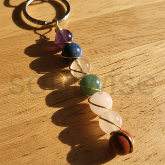 Seven Chakra Bead Keychain, with Random Golden or Silver Colour, Natural Gemstone Healing Keyring, for Positivity, Protection, and Good Energy