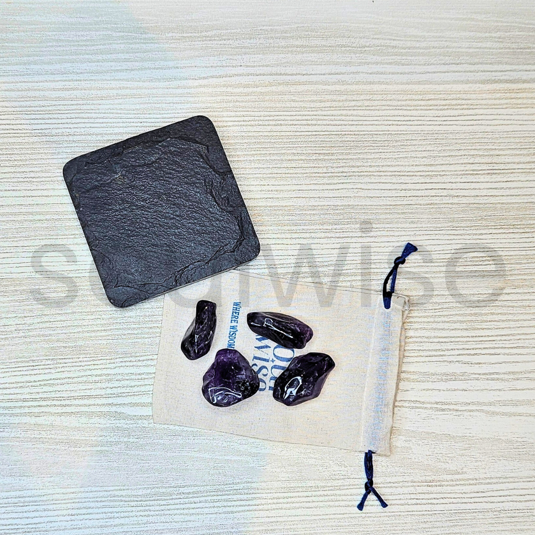 Amethyst Crystal Tumbled Stones Set of 4 – Natural Long Tumbles for Healing, Meditation, Chakra Balancing, Reiki, Energy Work & Crystal Decor