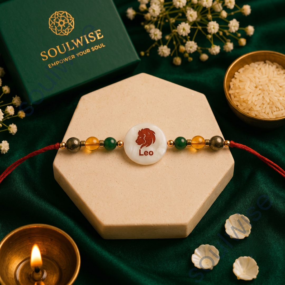 Money Magnet Leo Rakhi – Green Jade, Citrine, Pyrite & Mother of Pearl Zodiac Rakhi for Prosperity, Confidence & Positive Energy