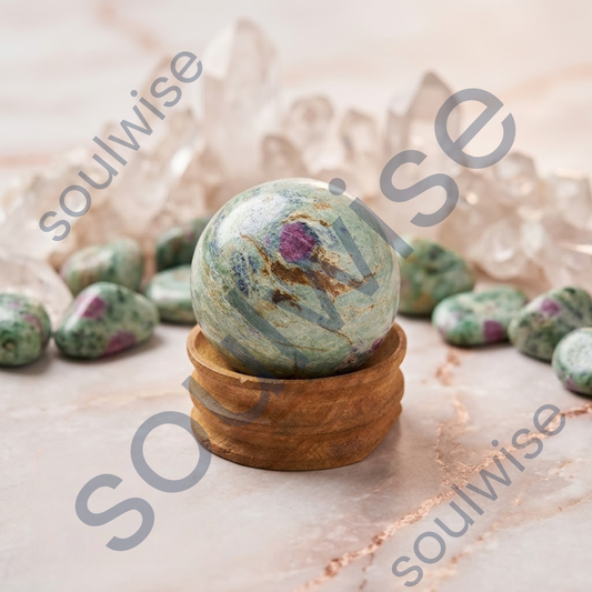 Ruby Fuchsite Crystal Sphere (50–55mm) with Wooden Stand – Natural Healing Crystal Ball for Reiki, Meditation, Chakra Balancing & Home Décor