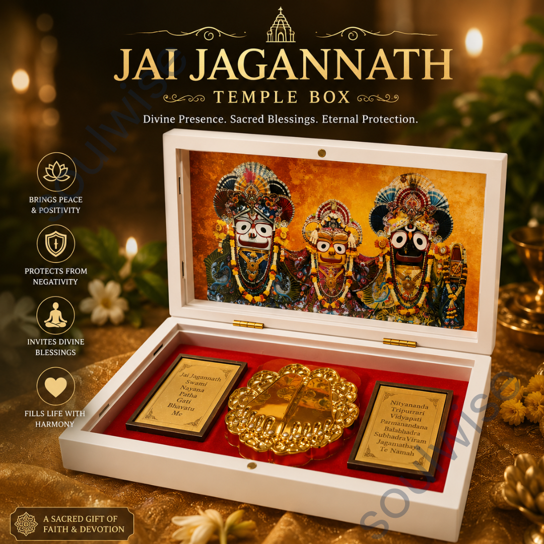 Jai Jagannath Temple Box with Golden Paduka & Divine Photo Frame – Premium Spiritual Décor & Devotional Showpiece for Home, Office & Pooja Room