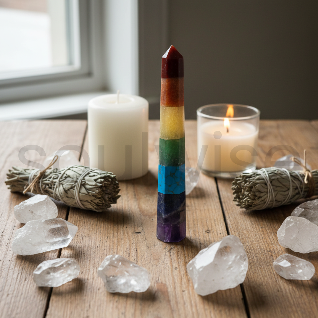 Seven Chakra Healing Crystal Pencil Tower – Natural Gemstone Energy Generator Wand for Reiki, Meditation, Chakra Balancing & Positive Energy.