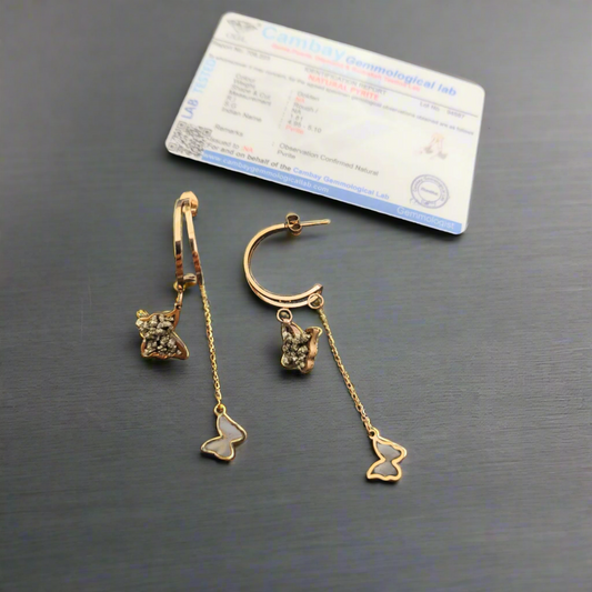 Natural Pyrite Butterfly Drop Earrings, Rose Gold-Plated , Certified