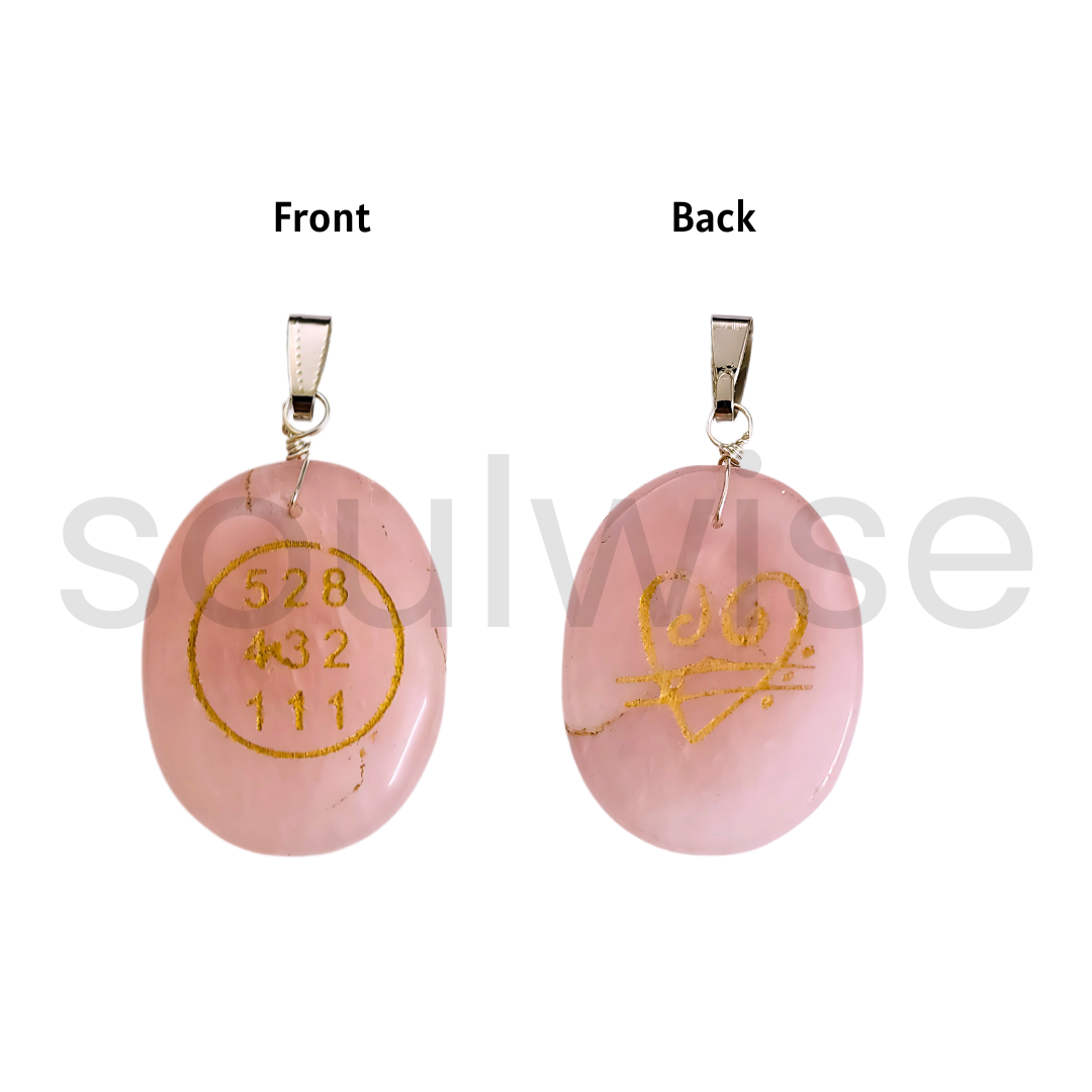 Soulwise Rose Quartz Angelic Symbol Pendant with Numbers 528 432 111, Certified, love symbol.