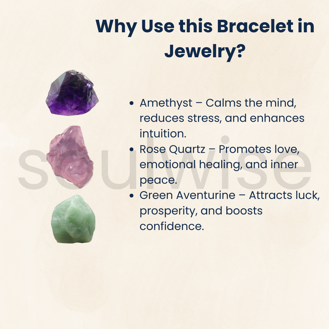 Soulwise Relationship Healing Crystal Bracelet: Amethyst, Rose Quartz & Green Aventurine for Harmony & Wellbeing , 8mm certified, unisex