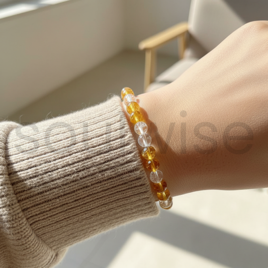 Citrine & Clear Quartz Bracelet – 8mm Natural Gemstone Beads for Positivity, Clarity & Prosperity