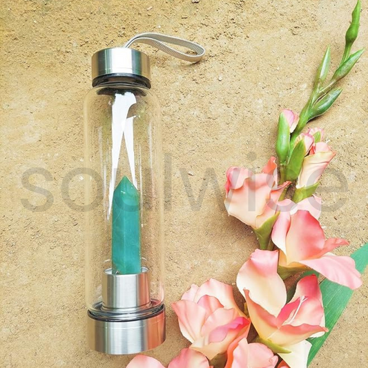 Green Aventurine Elixir Water Bottle 500 ml, Infused with Green Aventurine attract luck, abundance, healing crystal Point Pencil Leak Proof Stainless Steel Cap
