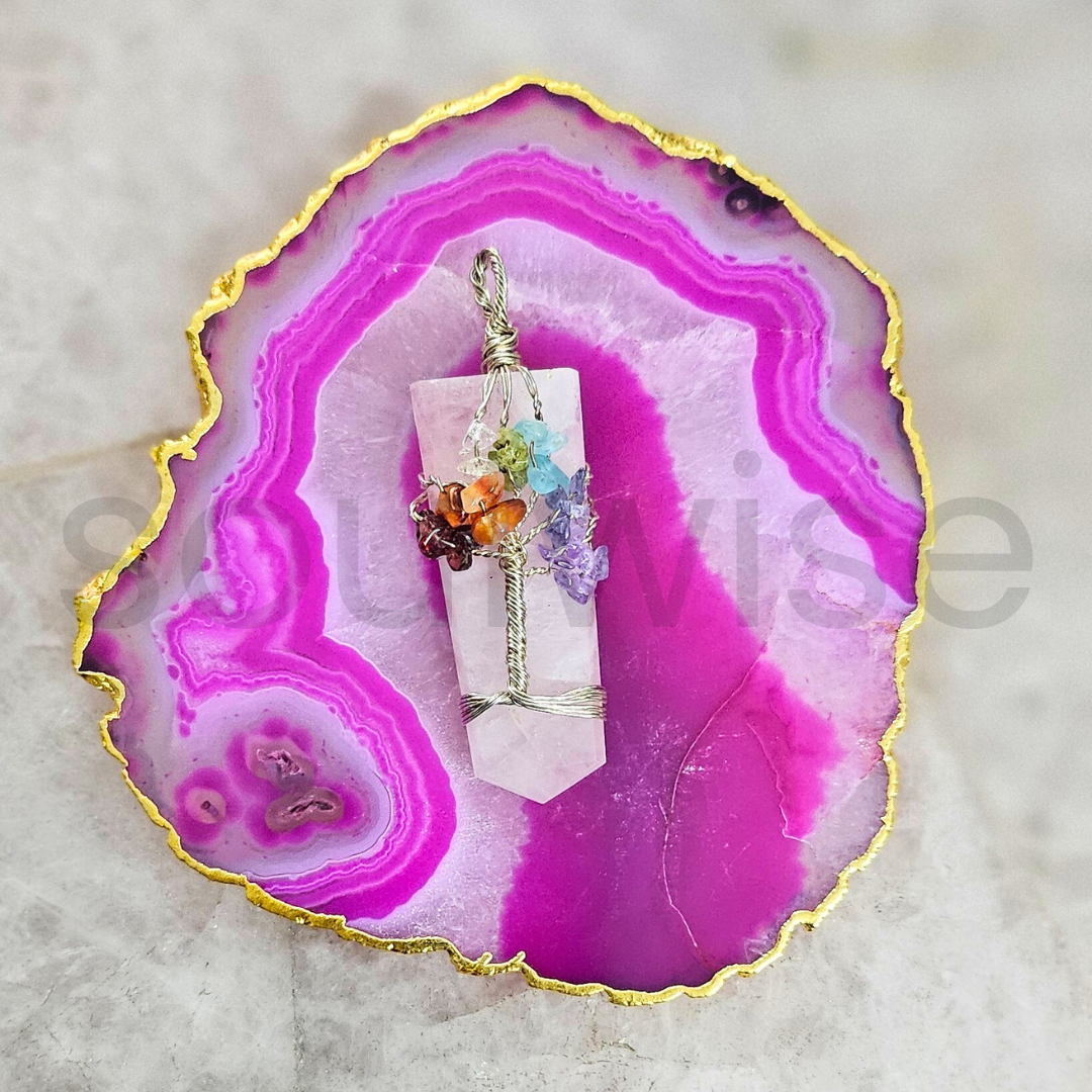 Soulwise Tree of Life 7 Chakra Pendant on Rose Quartz Base – Healing Crystal Necklace for Emotional Balance, Spiritual Growth & Chakra Alignment – Handcrafted Natural Rose Quartz Jewelry