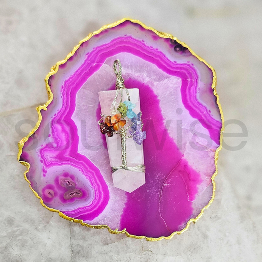 Tree of Life 7 Chakra Pendant on Rose Quartz Base – Healing Crystal Necklace for Emotional Balance, Spiritual Growth & Chakra Alignment – Handcrafted Natural Rose Quartz Jewelry