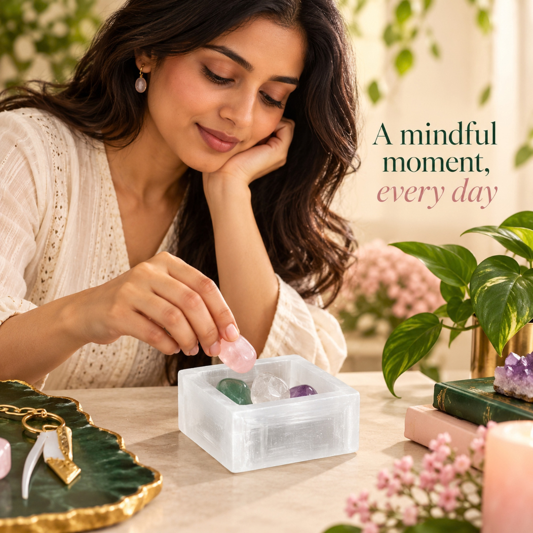 Selenite Square Charging Bowl – Crystal Holder for Gemstone Jewellery, Tumbled Stones & Spiritual Décor