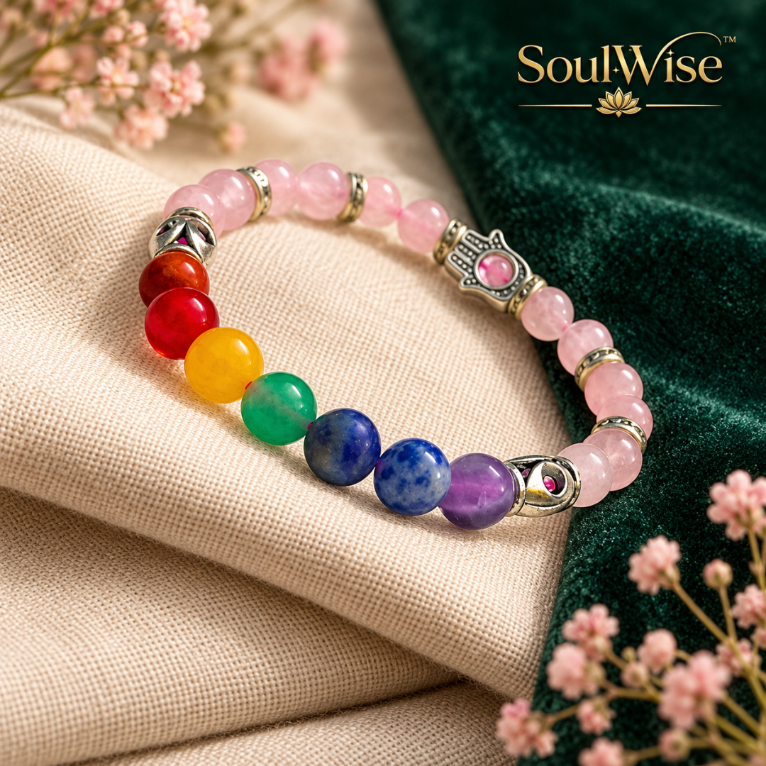 Rose Quartz Bracelet with 7 Chakra Beads & Hamsa Hand Charm – Natural Pink Healing Crystal Bracelet for Love, Protection, Emotional Balance, Positive Energy, Reiki & Spiritual Harmony | Unisex Gemstone Jewelry