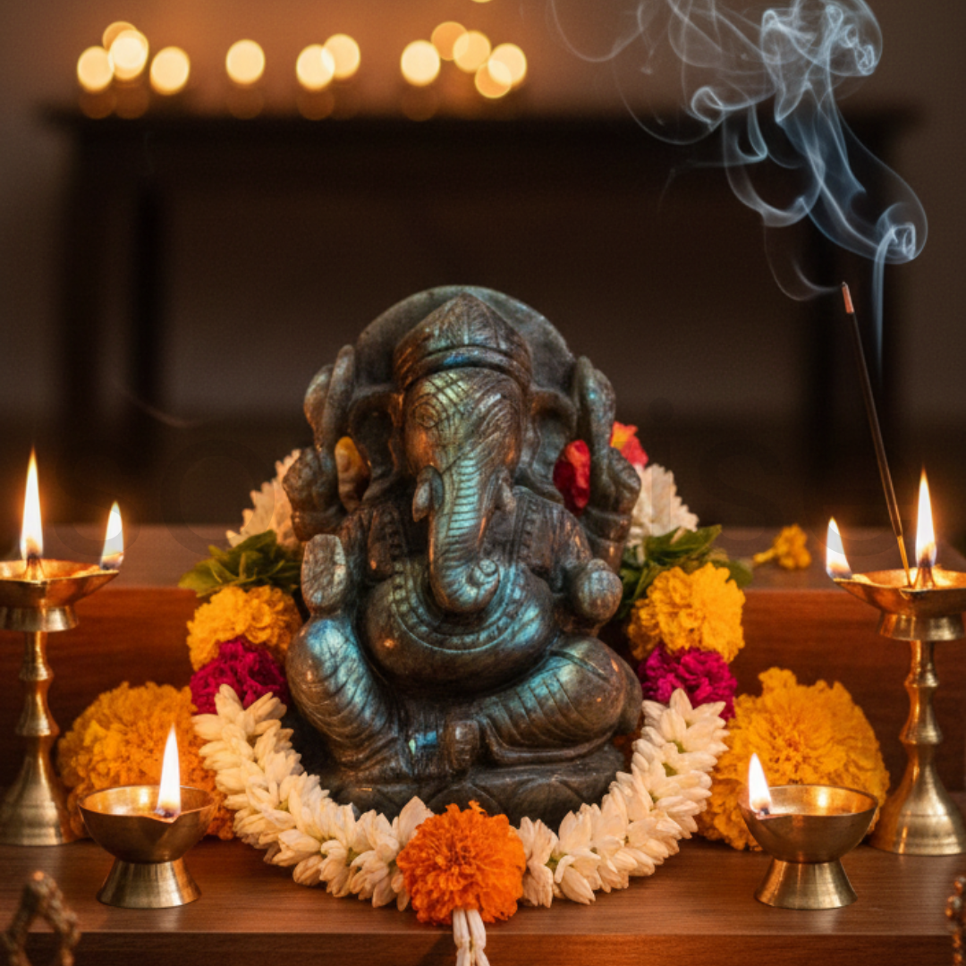 Labradorite Ganesha, Hand-Carved Crystal Idol, 818g, Spiritual Decor, Protection, Home Altar, Office Desk, Gift for Crystal Lovers