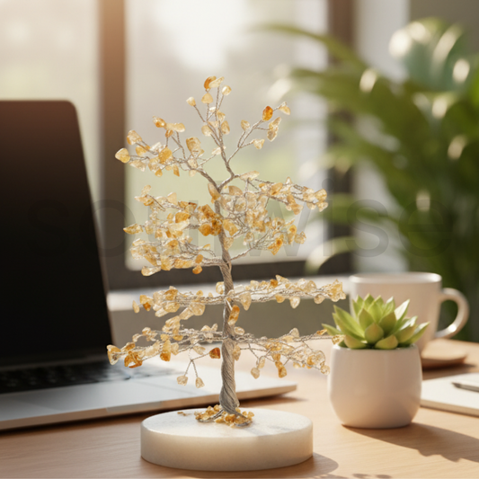Citrine Crystal Tree with Quartz Base, 8" Energy Healing Crystal for Joy.