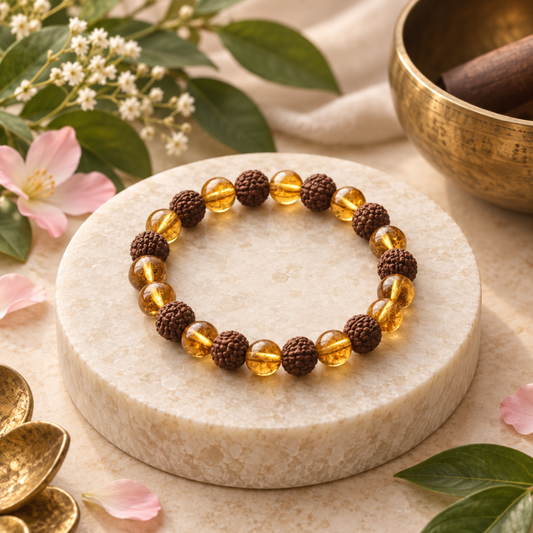 Citrine & Rudraksha Bracelet 10mm – Crystal & Sacred Seed Bead Jewellery for Everyday Wear, Meditation & Spiritual Gifting